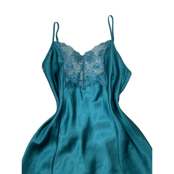 Vintage Sha.ella Teal Satin & Lace Chemise Nightgown Lingerie Small Shiny - Picture 2 of 5